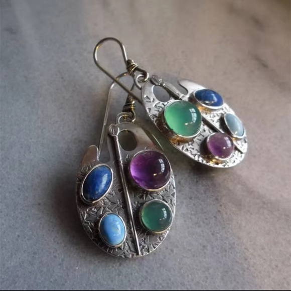925 Sterling Silver Plated Antique Multicolor Hand Carved Pattern Earrings - Picture 2 of 8